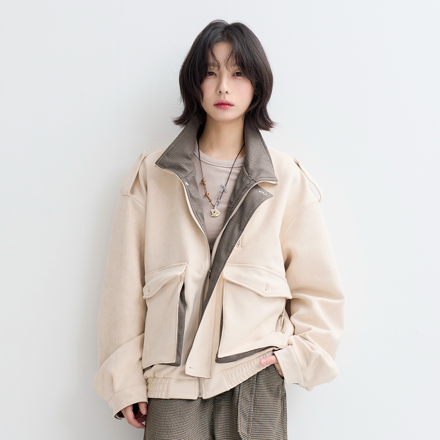 万有引力博物馆千鸟格拼接撞色外套女秋季2025新款宽松高级感上衣