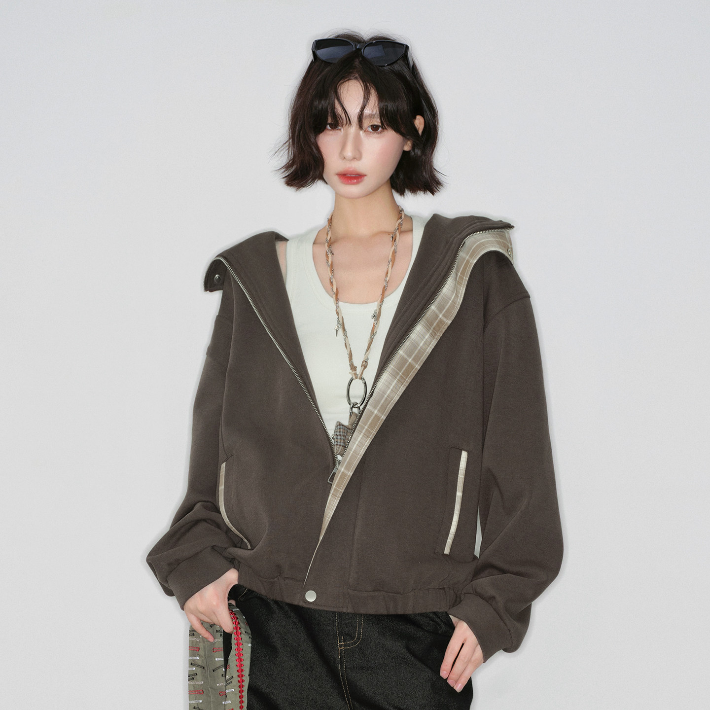 万有引力博物馆 格纹面料拼接连帽开衫卫衣外套女春秋款宽松上衣