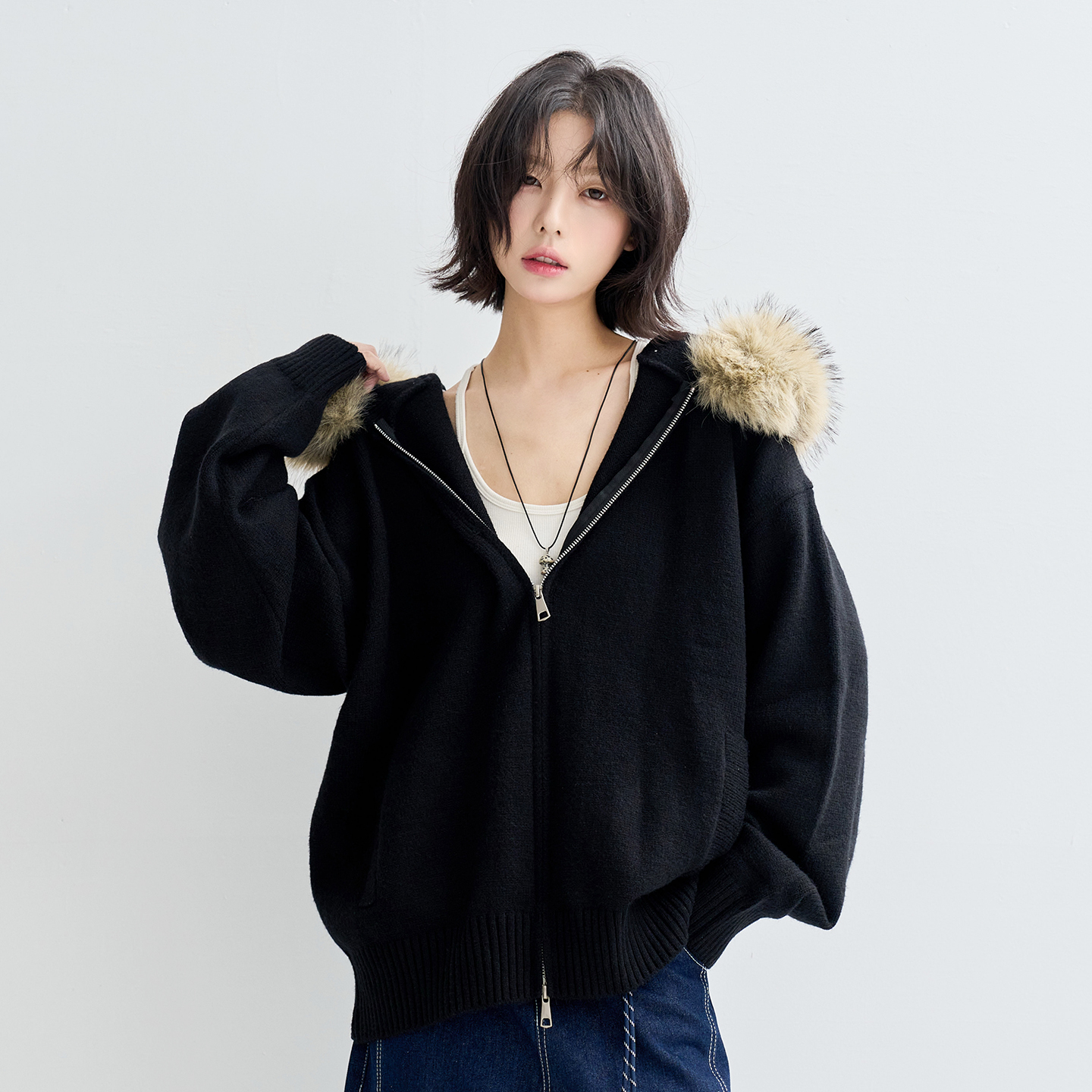 万有引力博物馆 毛领连帽开衫针织外套女秋季2025年新款宽松上衣