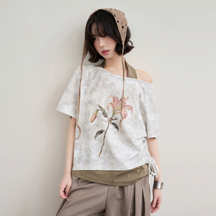 新款 T恤女夏季 「仲夏夜之梦」假两件挂脖露肩短袖 万有引力博物馆