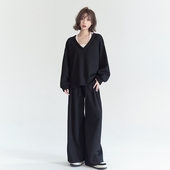 休闲运动套装 阔腿裤 女2025年新款 上衣 大V领长袖 万有引力博物馆