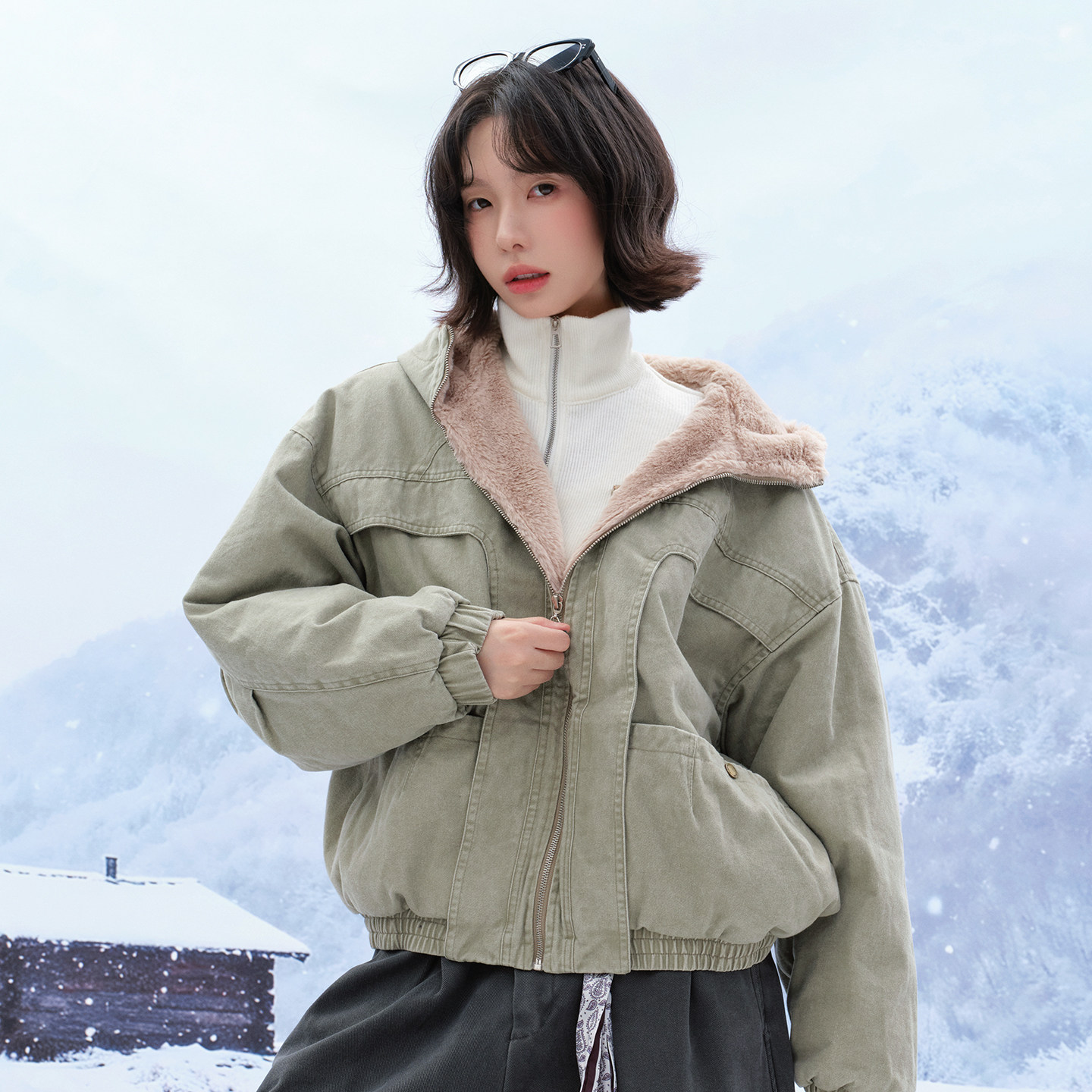 万有引力博物馆毛绒连帽棉服女冬季宽松座山雕厚外套冬装棉衣棉袄