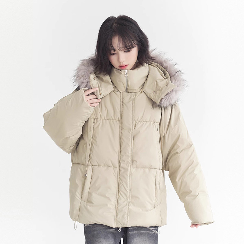 万有引力博物馆 毛领连帽棉服女冬季2024年新款棉袄宽松棉衣外套