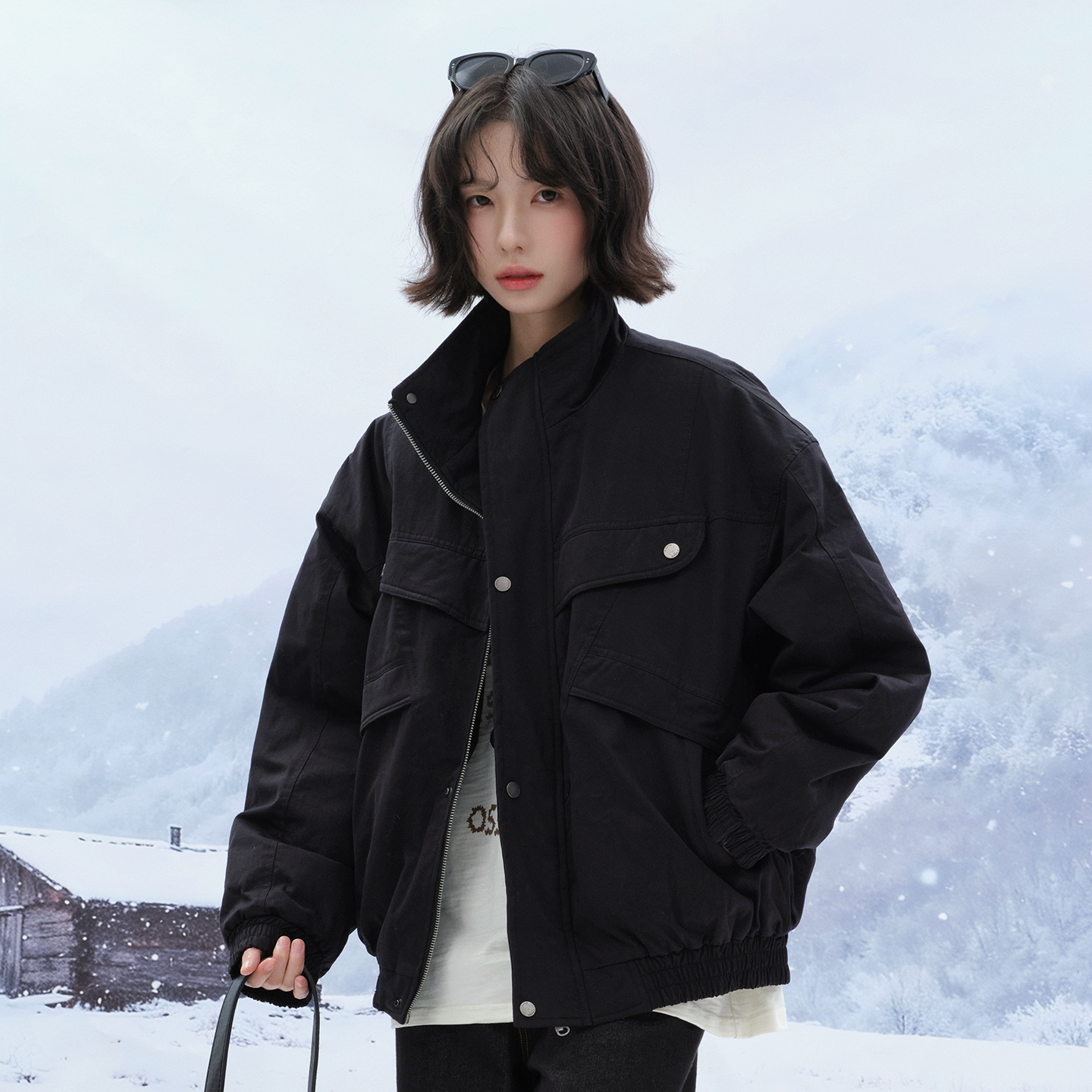 万有引力博物馆 纯色立领棉服女冬季保暖棉袄中性风棉衣厚外套