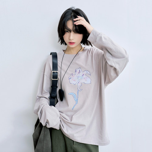万有引力博物馆棉麻感花朵印花长袖T恤女春秋款宽松天丝面料上衣K