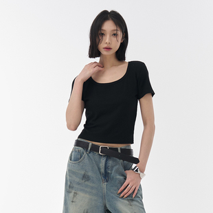 修身 萬有引力博物館純色U領(lǐng)正肩短袖 T恤女夏季 2025新款 上衣打底衫