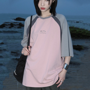 插肩袖 宽松半袖 上衣K T恤女2024年新款 万有引力博物馆拼接撞色短袖