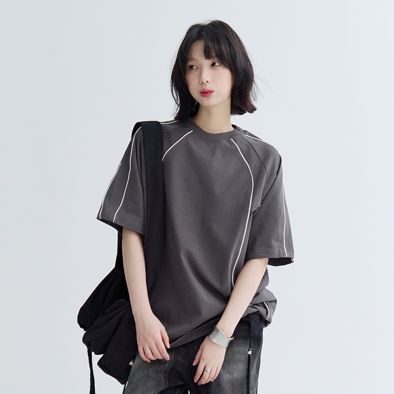 万有引力博物馆 插肩袖撞色短袖T恤女夏季2025年新款宽松运动上衣