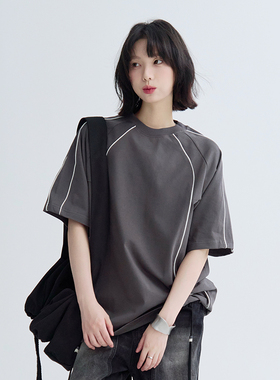 万有引力博物馆 插肩袖撞色短袖T恤女夏季2025新款宽松运动上衣K