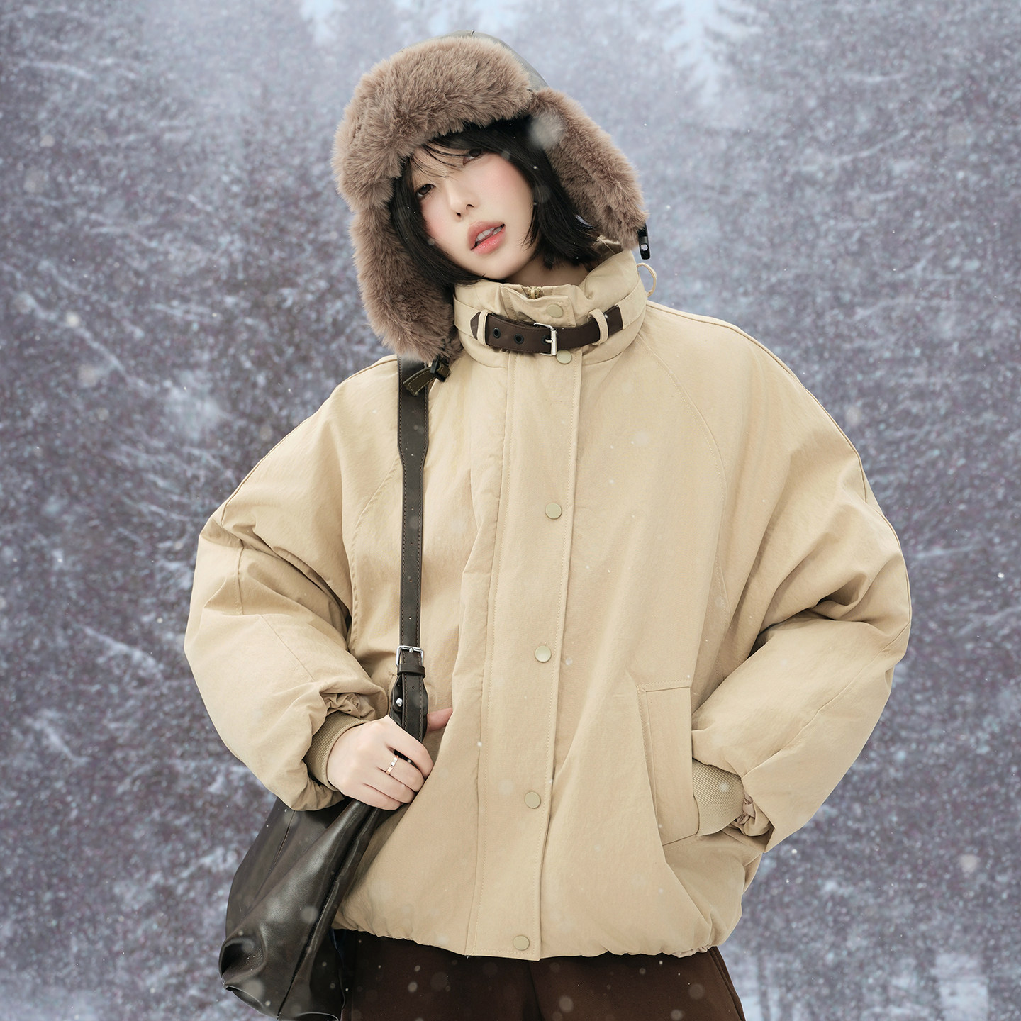 万有引力博物馆 皮扣立领棉服女冬季2025年新款棉衣冬装棉袄外套