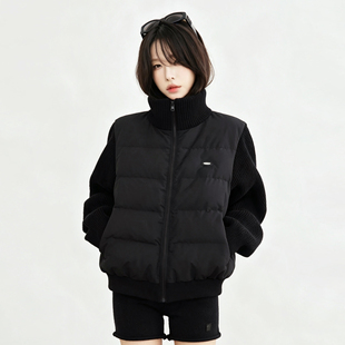 万有引力博物馆针织袖立领羽绒服女轻薄款冬季保暖宽松白鸭绒外套