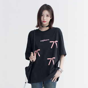 宽松半袖 万有引力博物馆 2024年新款 T恤女夏季 上衣 蝴蝶结印花短袖