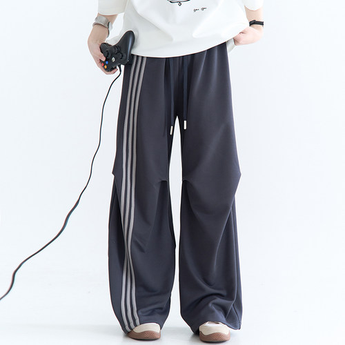 万有引力博物馆撞色竖条杠阔腿裤休闲裤女春季宽松裤子运动裤长裤