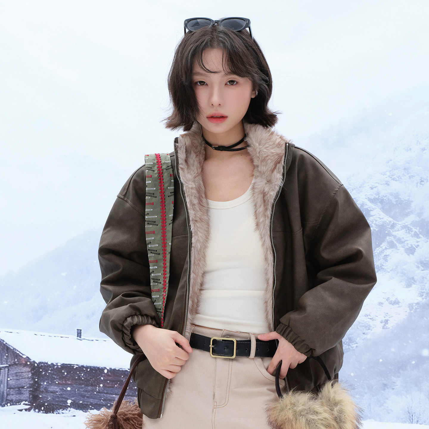 万有引力博物馆 两面穿内里毛绒皮衣女冬季宽松厚外套座山雕夹克