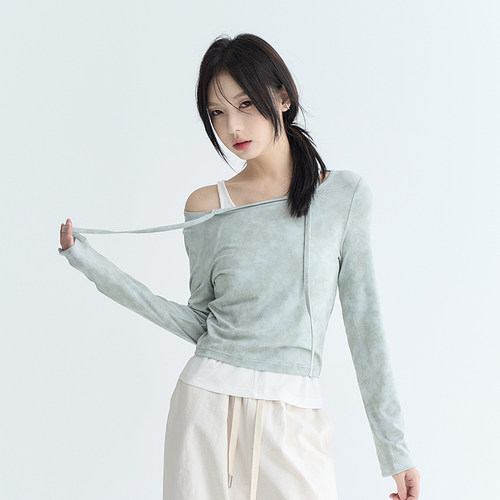 万有引力博物馆设计感扎染长袖T恤女秋季2024新款修身假两件上衣K