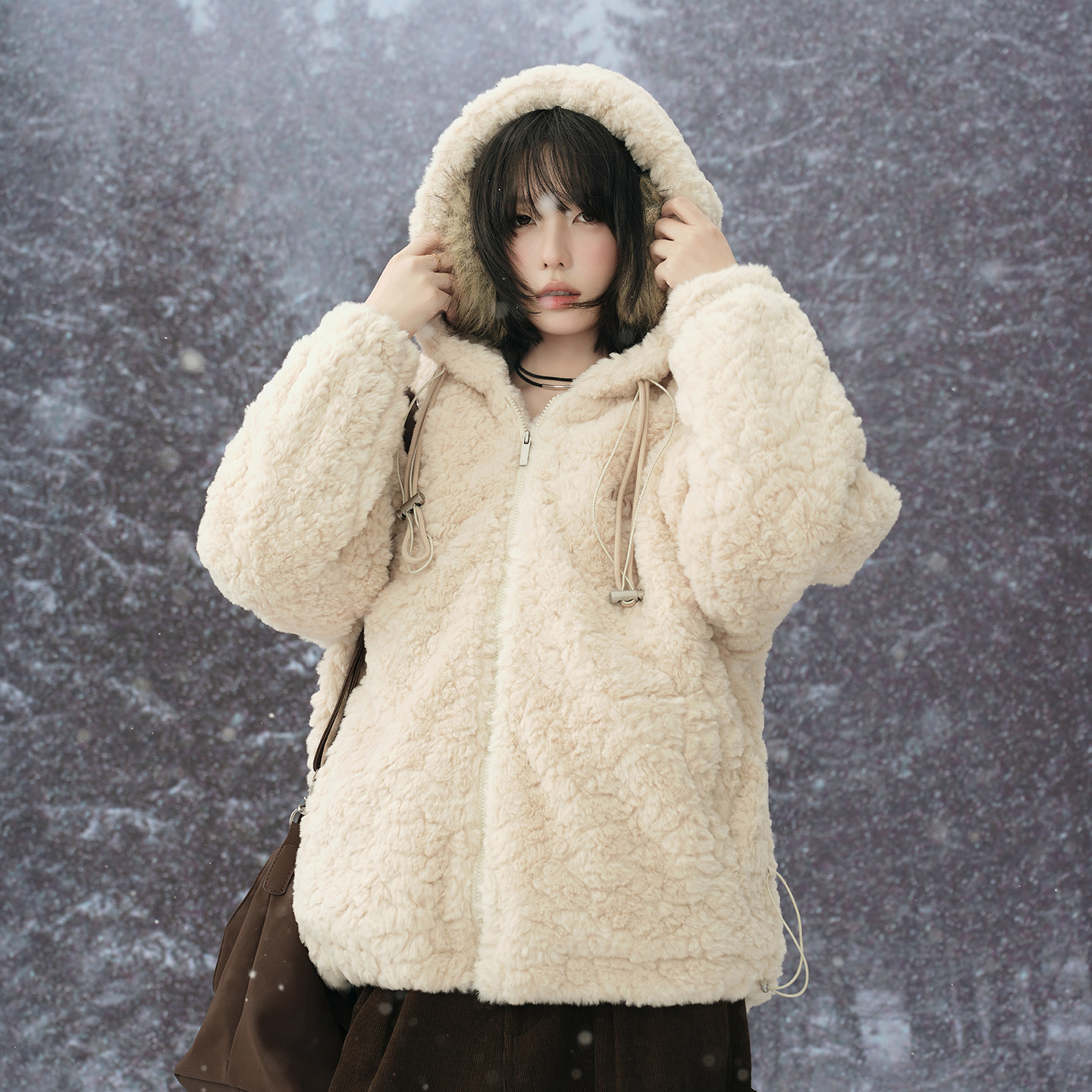 万有引力博物馆 纯色羊羔毛连帽棉服女冬季新款宽松棉衣冬装外套