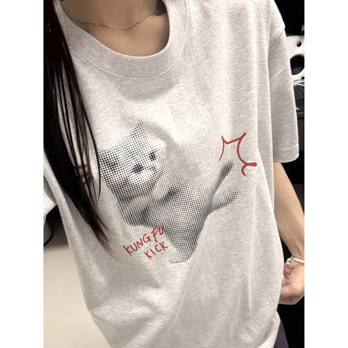 纯棉猫咪印花短袖T恤女韩系宽松