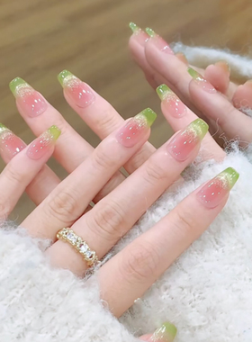 新品纯手工打磨穿戴甲微笑猫眼粉绿渐变中T秋冬款超御绿色新芭乐