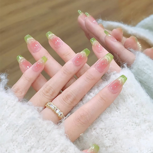 新品 超御绿色新芭乐 纯手工打磨穿戴甲微笑猫眼粉绿渐变中T秋冬款