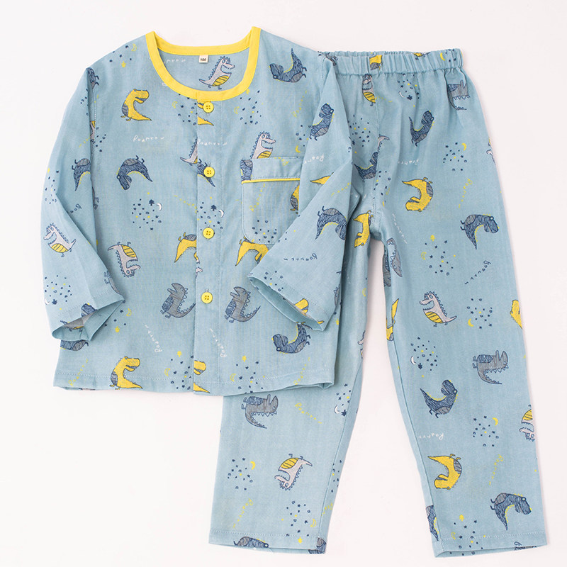 夏季新品纯棉纱布男童长袖恐龙睡衣儿童中大童家居服空调服套装