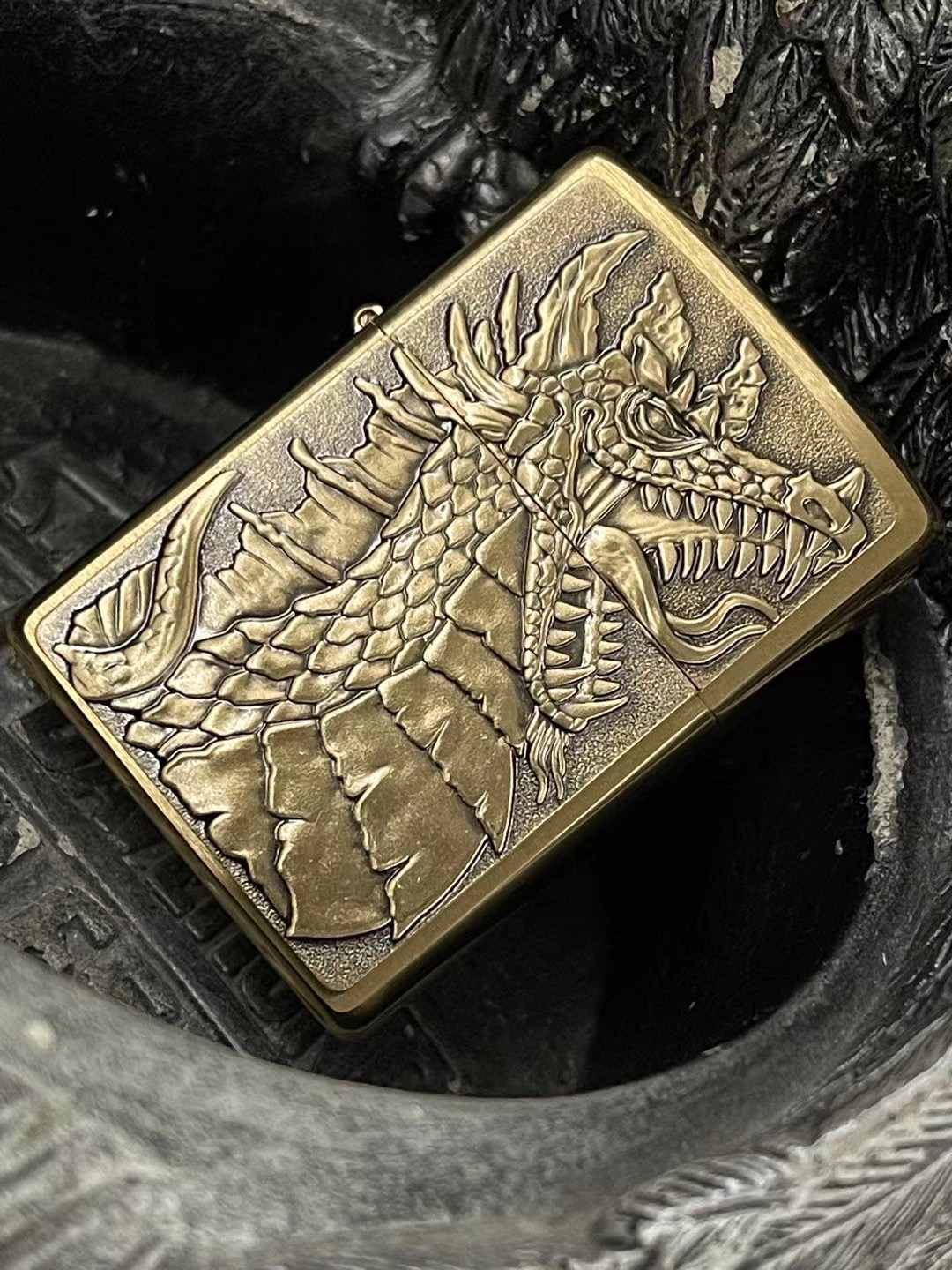 zippo之宝美国打火机正版 铜拉丝贴章恐龙徽章 飞龙男士礼物49297