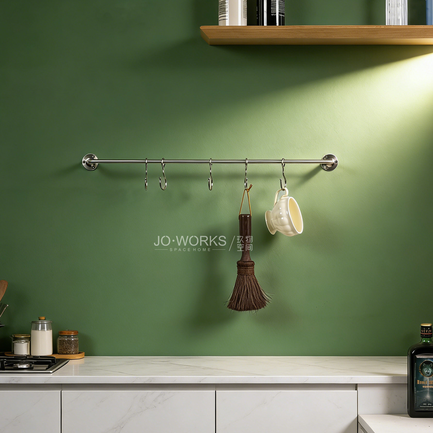 304实心不锈钢厨房墙壁挂杆金属免打孔多功能厨具砧板杯子挂钩架