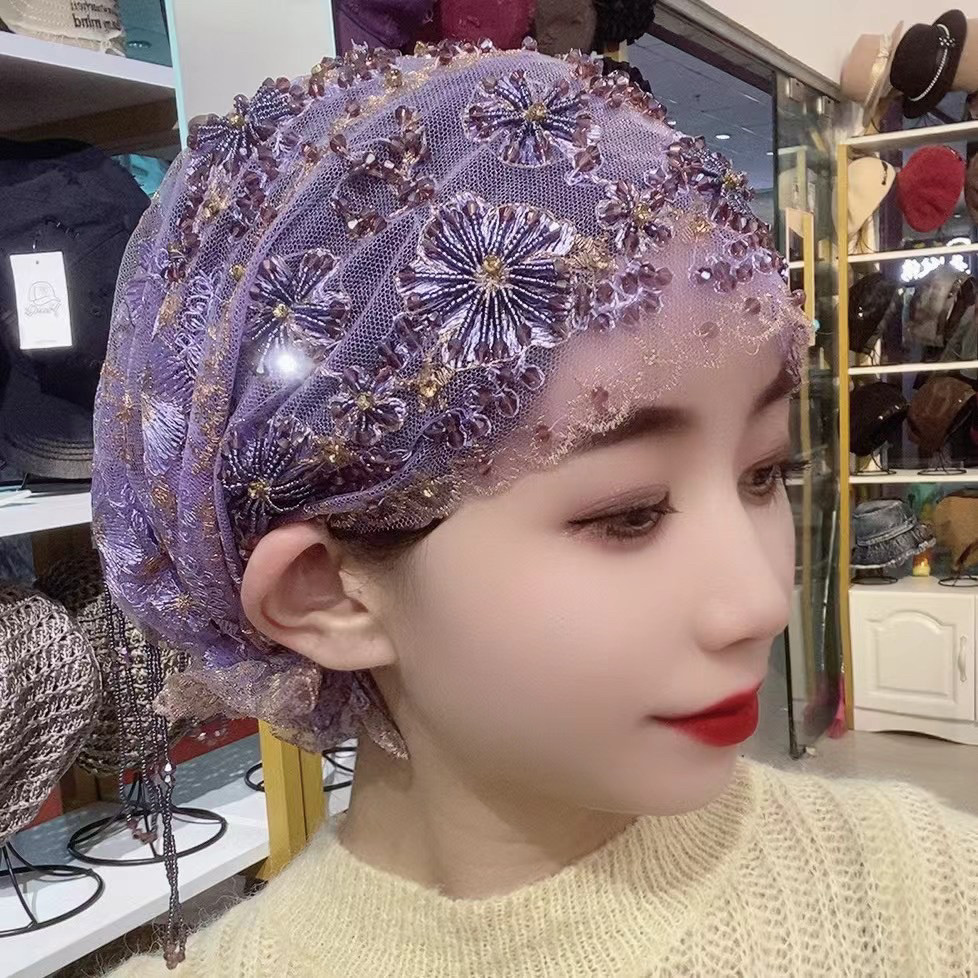 2023新穆丝林头巾盖头纱巾包头巾帽女高密度牛奶丝面料镂空流苏帽