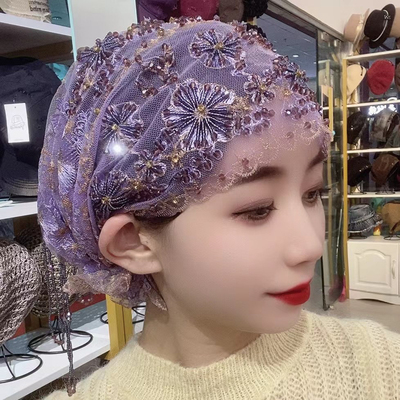 2023新穆丝林头巾盖头纱巾包头巾帽女高密度牛奶丝面料镂空流苏帽