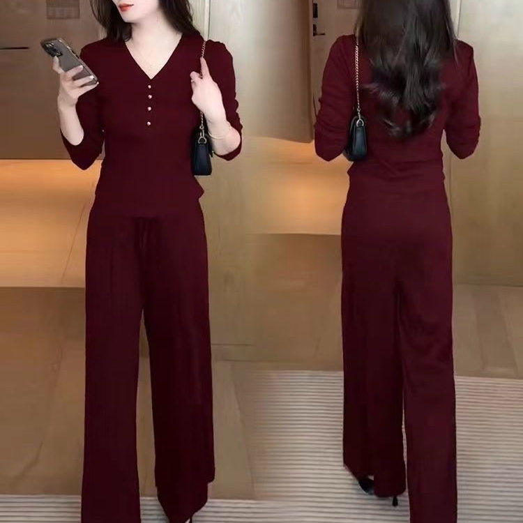 休闲运动套装女时髦洋气V领长袖