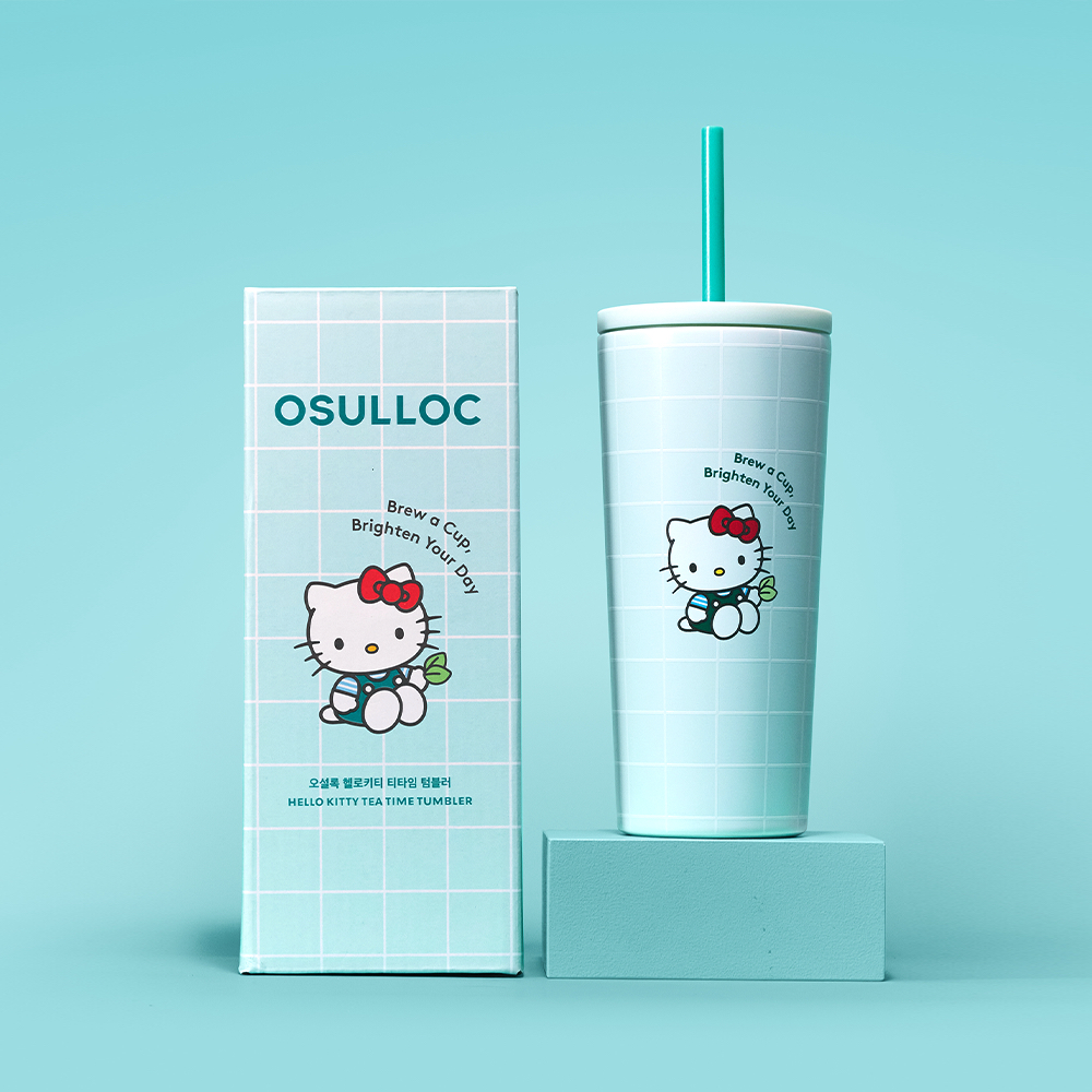 韩国OSULLOC联名Hellokitty时光茶薄荷色不锈钢吸管保温杯 550ml