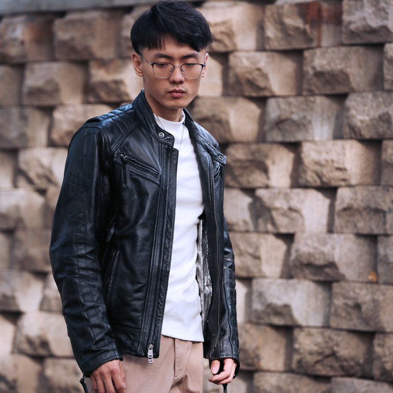 哈雷真皮皮衣男头层牛皮反光骷髅立领机车服黑色皮夹克内胆可脱卸