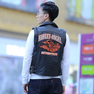 春秋季哈雷机车服男款头层牛皮青年翻领真皮马甲斜拉链短款加大码