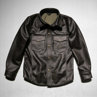 男士复古休闲真皮衬衫阿美咔叽日系机车翻领蜡染头层头皮皮衣外套