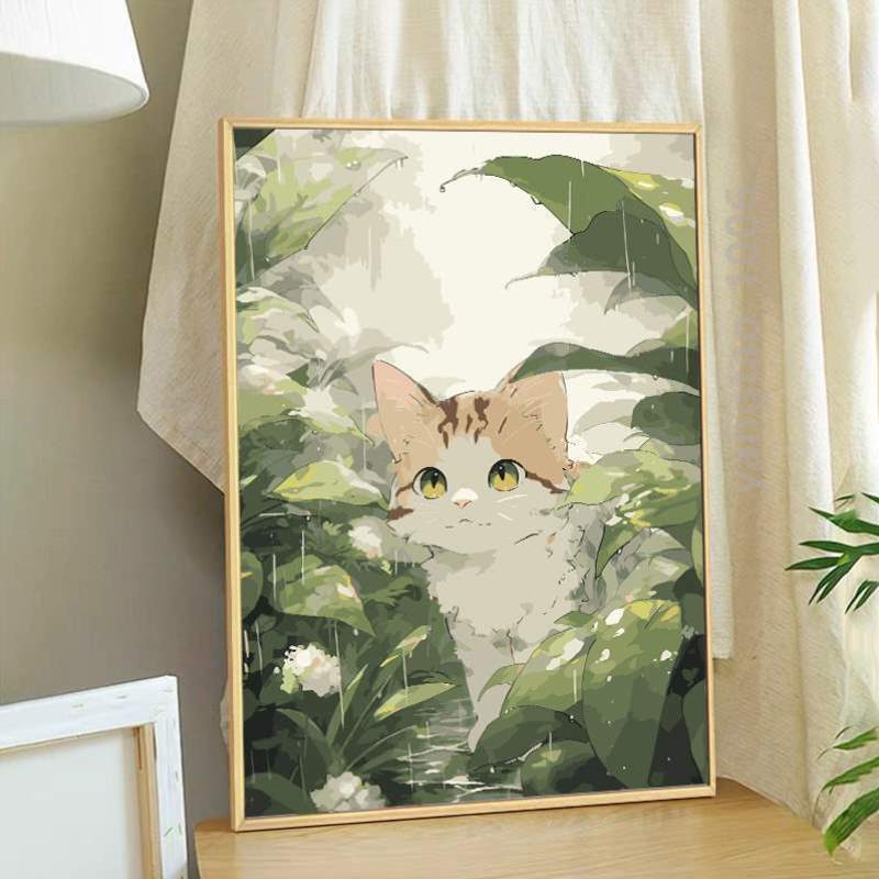 挂画手绘丙烯猫咪填充可爱装饰手工涂色数字彩画雨中油画diy油{图片