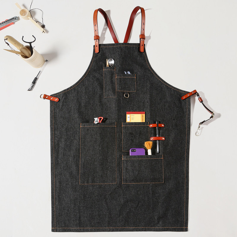 高级牛仔围裙定制logo咖啡烘焙西餐厅酒吧厨房男士耐磨专用工作服