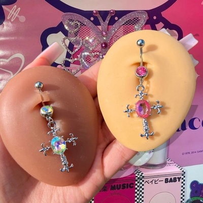 欧美y2k辣妹十字架宝石吊坠肚脐钉穿刺饰品Cross Belly Piercing