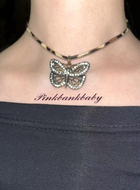 原创设计手作复古y2k新中式蝴蝶美拉德小众豹纹皮绳项圈项链颈链