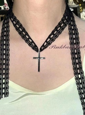 pinkbankbaby原创自制y2k亚文个性多种戴法十字架蕾丝绑带项链