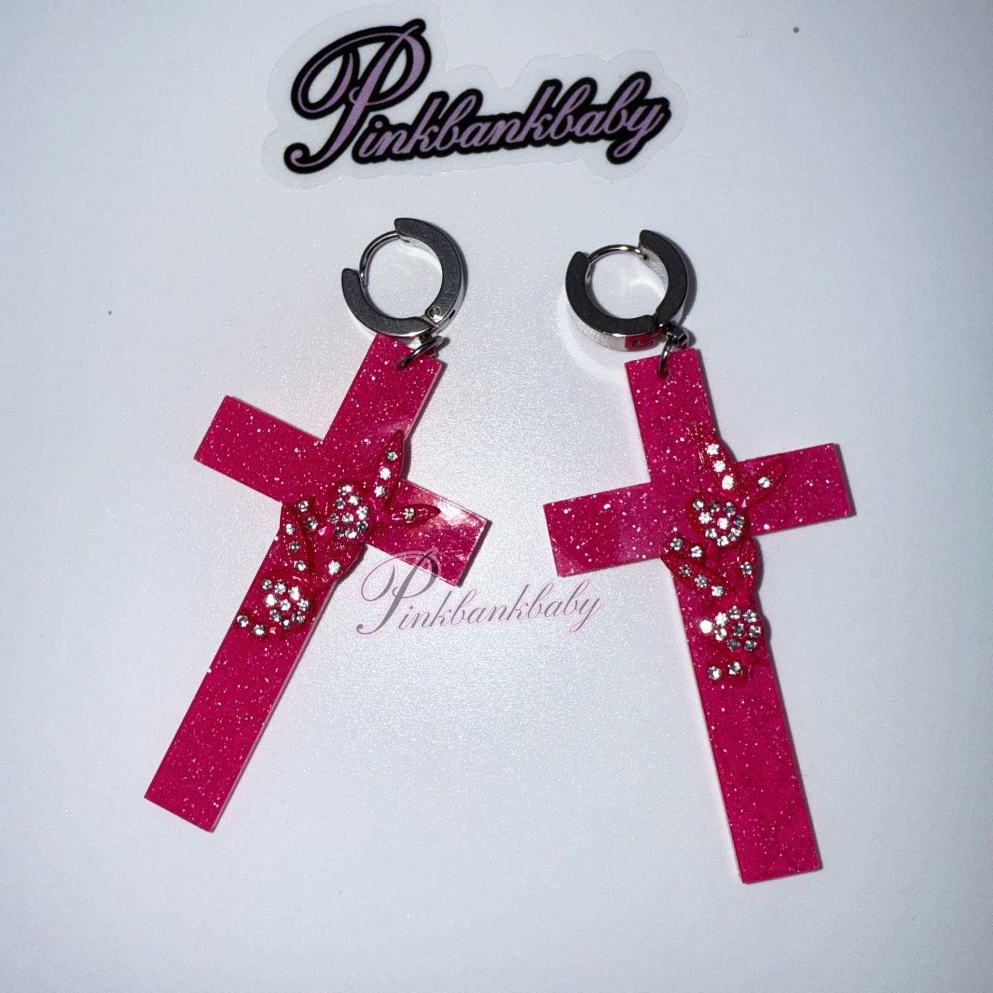 Pinkbankbaby原创手工自制小众个性辣妹y2k闪片十字架耳环耳夹