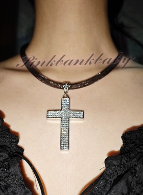 pinkbankbaby原创自制小众亚文化朋克y2k镂空网纱镶钻十字架项链