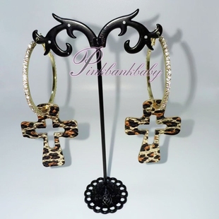 pinkbankbaby原创自制y2k豹纹十字架夸张镶钻s925银针耳圈耳饰女