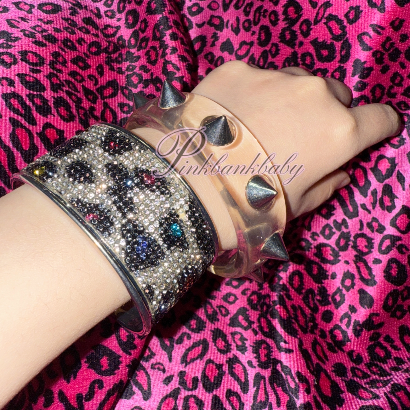 原创自制手工y2k个性复古辣妹豹纹闪钻手镯手环时髦宽面开口手镯
