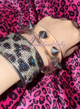 原创自制手工y2k个性复古辣妹豹纹闪钻手镯手环时髦宽面开口手镯