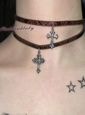 原创自制手作美拉德y2k个性小众重工钛钢十字架吊坠皮项圈