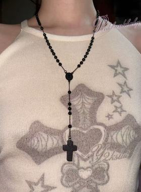 PinkBankbaby原创自制暗黑朋克个性钛钢十字架火山石吊坠长款项链