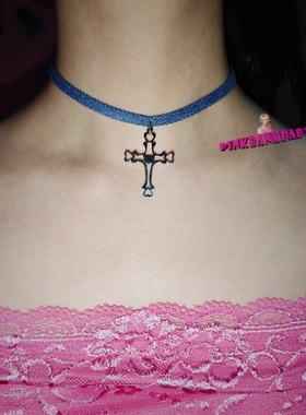 pinkbankbaby原创设计y2k复古小众牛仔十字架吊坠项圈颈链choker