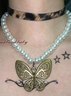 原创设计手作y2k废土个性小众叠戴豹纹项圈复古珍珠蝴蝶项链女