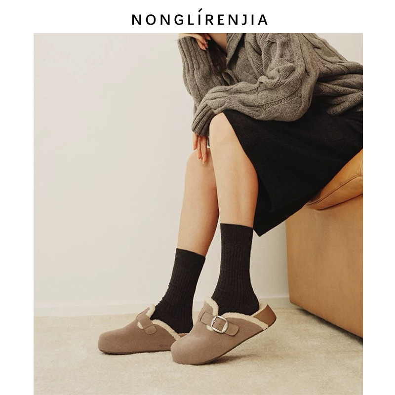 弄里人佳大码女鞋41-42码单鞋25冬新款厚底加绒毛毛鞋棉鞋半托鞋