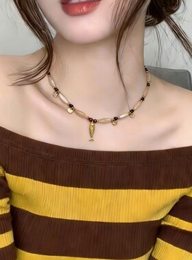 【锦鲤】天然石项链虎眼石搭配天然贝复古简约轻奢高级感锁骨颈链