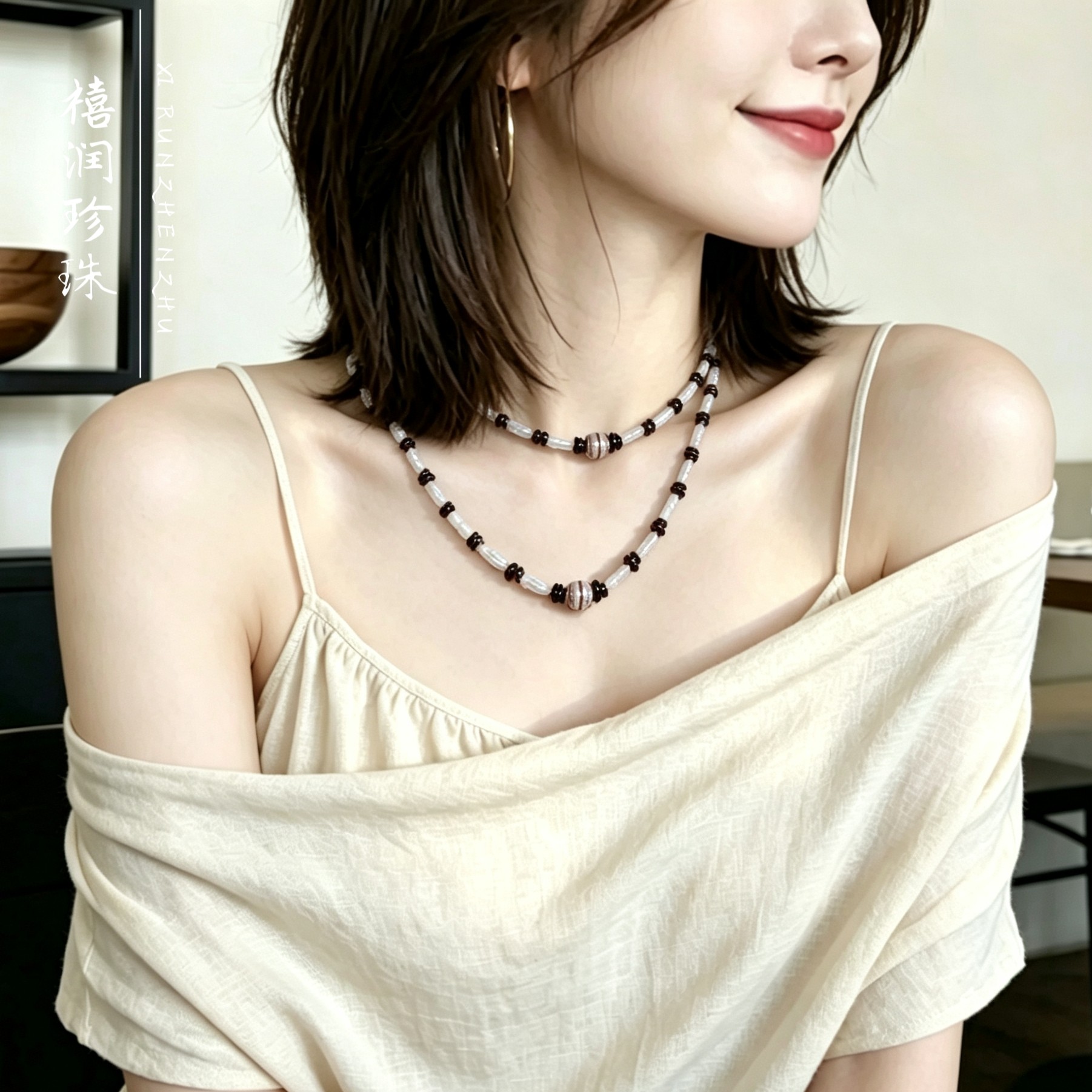 原创微醺石榴石巴洛克珍珠项链女复古琉璃串珠锁骨链小众choker